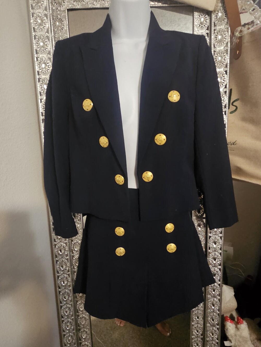 Navy Double-Breasted Blazer & Skirt Set with Gold Buttons